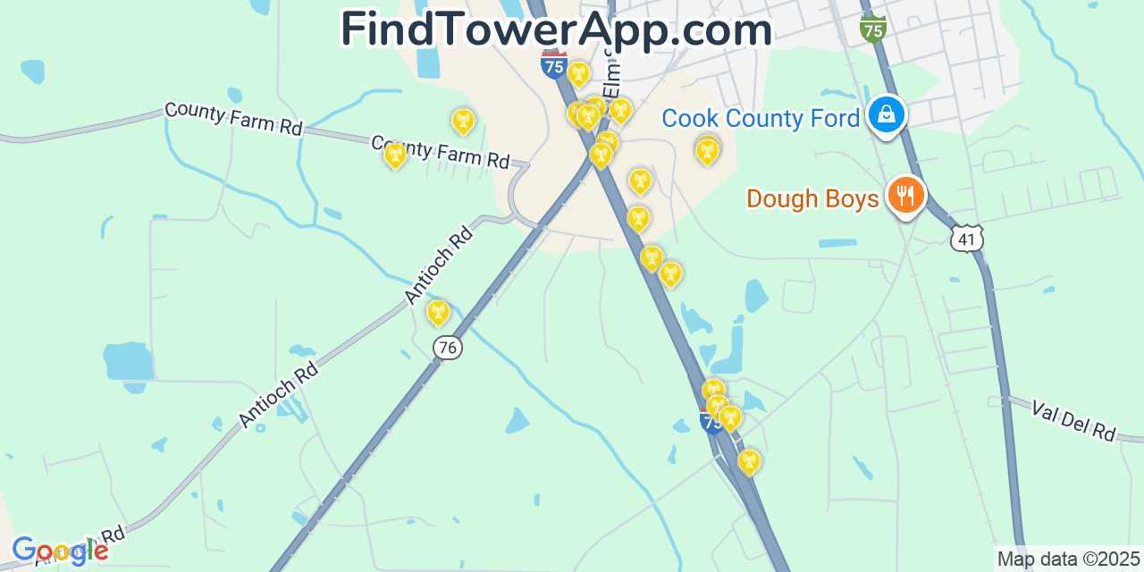 Map showing the 20 primary Mobitel cell tower locations detected in Firing Range, Georgia with coverage radius and signal strength indicators