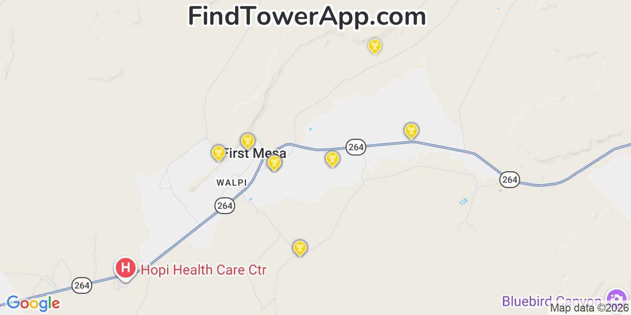 Map showing the 20 primary cell tower locations detected in First Mesa, Arizona from AT&T, Verizon, and T-Mobile networks