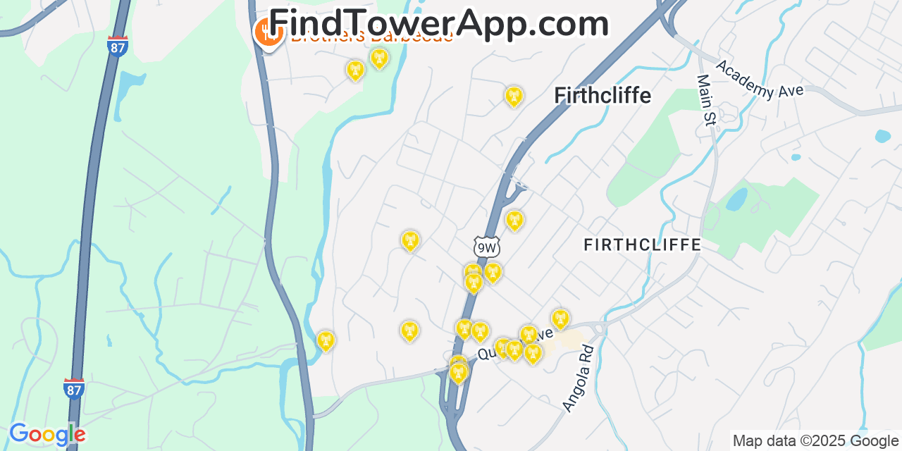 Map showing the 20 primary cell tower locations detected in Firthcliffe, New York from AT&T, Verizon, and T-Mobile networks