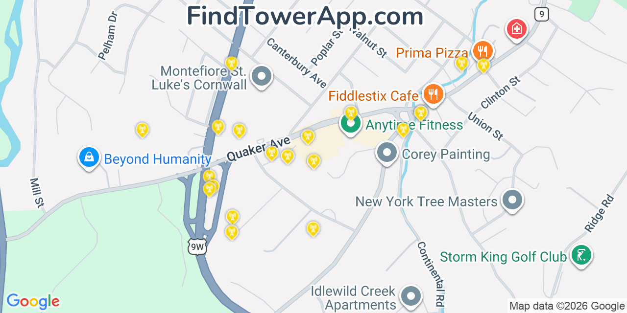 Map showing the 20 primary cell tower locations detected in Firthcliffe, New York from AT&T, Verizon, and T-Mobile networks