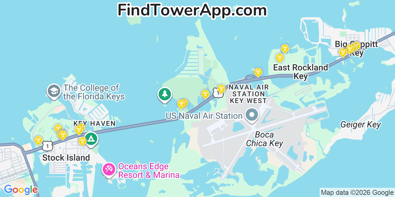 Map showing the 20 primary cell tower locations detected in Fish Hawk, Florida from AT&T, Verizon, and T-Mobile networks