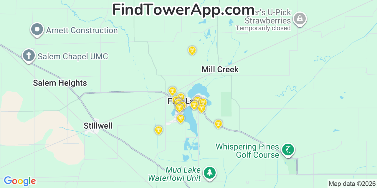 Map showing the 20 primary cell tower locations detected in Fish Lake, Indiana from AT&T, Verizon, and T-Mobile networks