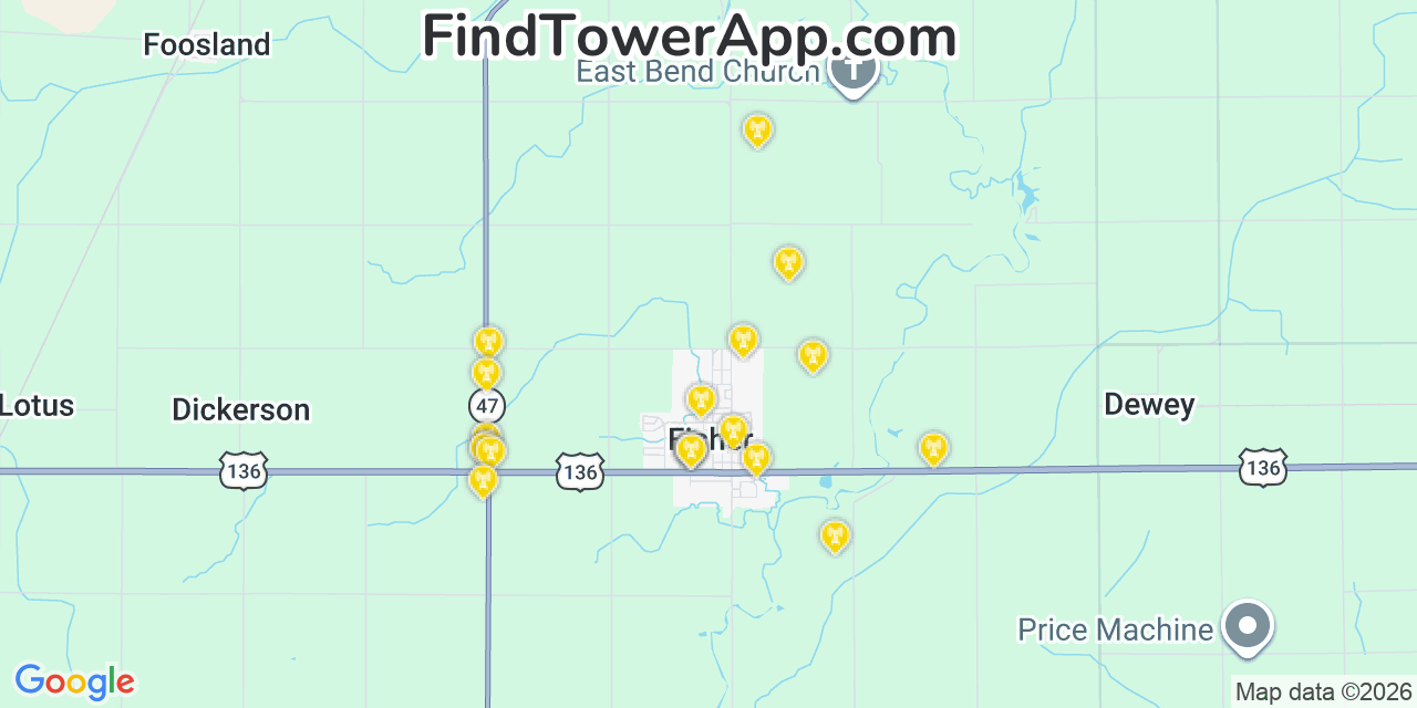 Map showing the 20 primary cell tower locations detected in Fisher, Illinois from AT&T, Verizon, and T-Mobile networks