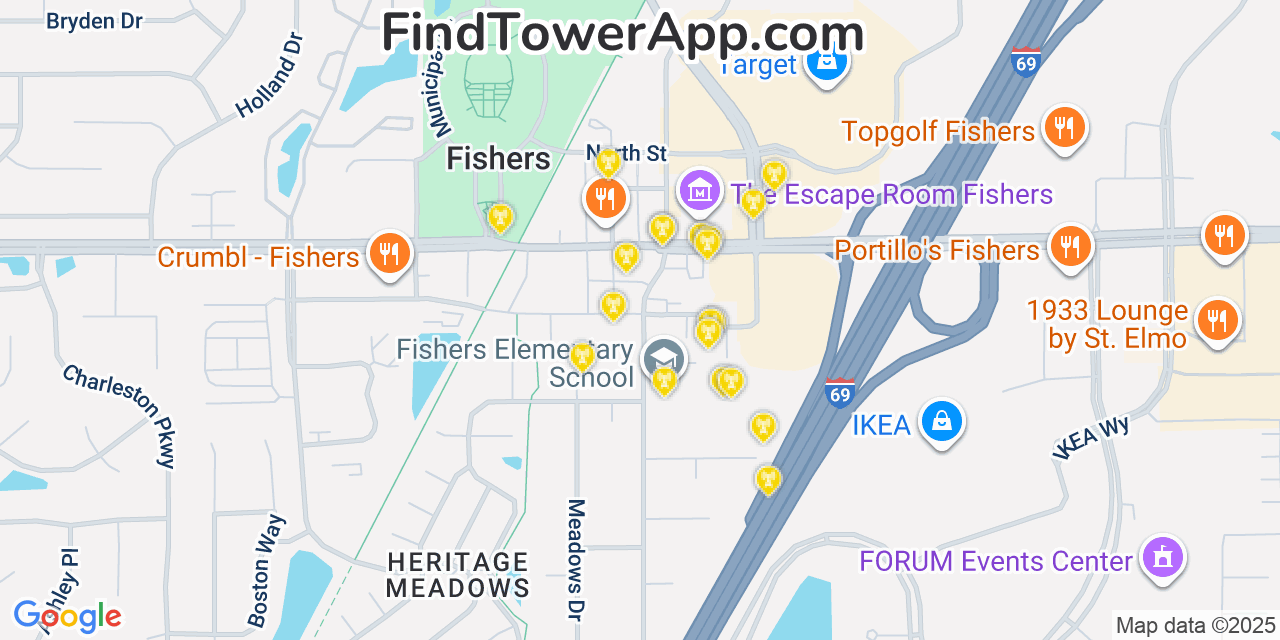 Map showing the 20 primary cell tower locations detected in Fishers, Indiana from AT&T, Verizon, and T-Mobile networks