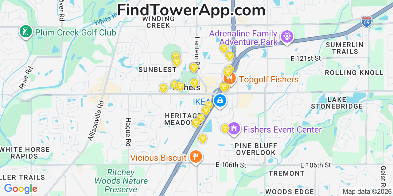 Map showing the 20 primary cell tower locations detected in Fishers, Indiana from AT&T, Verizon, and T-Mobile networks