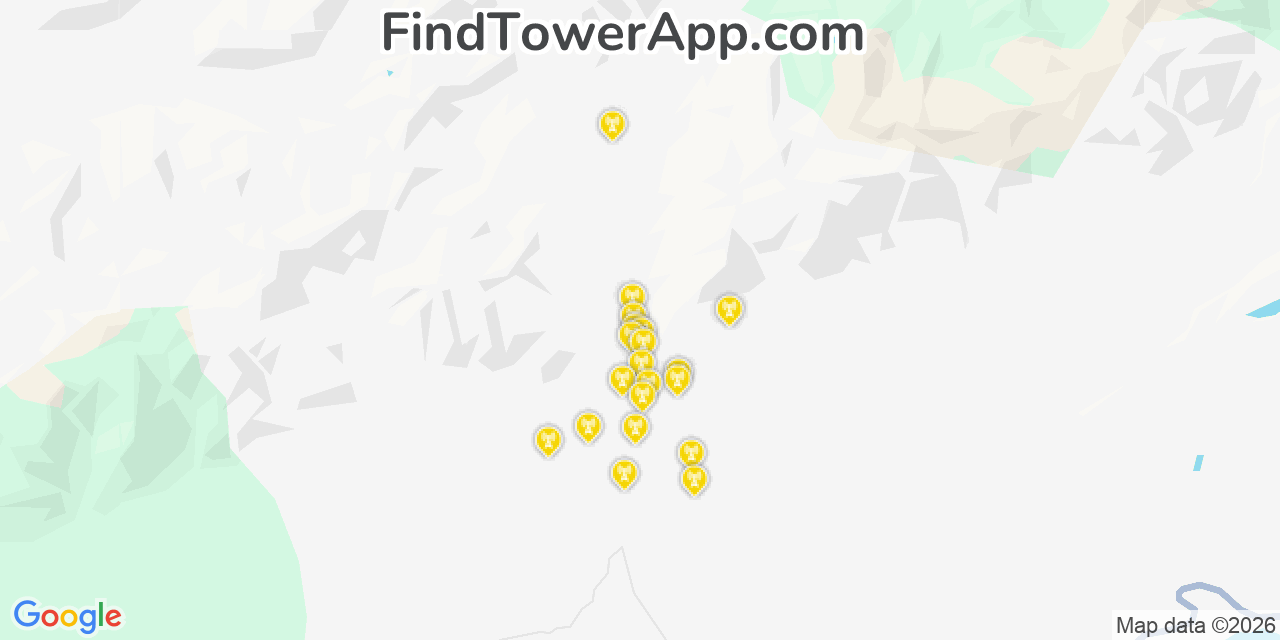 Map showing the 20 primary cell tower locations detected in Fishhook, Alaska from AT&T, Verizon, and T-Mobile networks