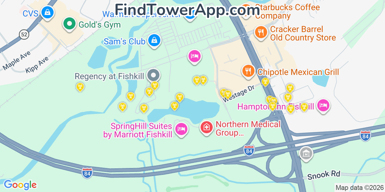 Map showing the 20 primary cell tower locations detected in Fishkill, New York from AT&T, Verizon, and T-Mobile networks