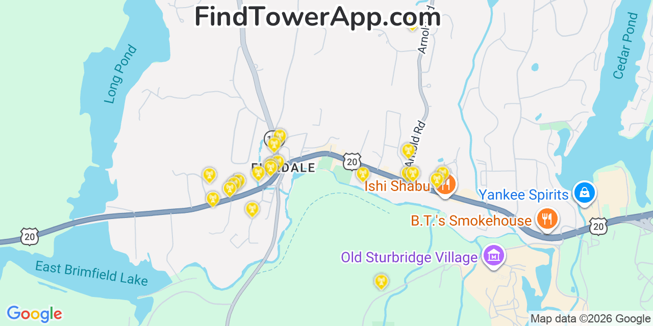 Map showing the 20 primary cell tower locations detected in Fiskdale, Massachusetts from AT&T, Verizon, and T-Mobile networks
