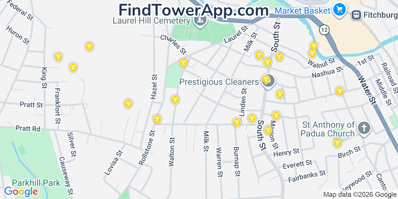 Map showing the 20 primary cell tower locations detected in Fitchburg, Massachusetts from AT&T, Verizon, and T-Mobile networks