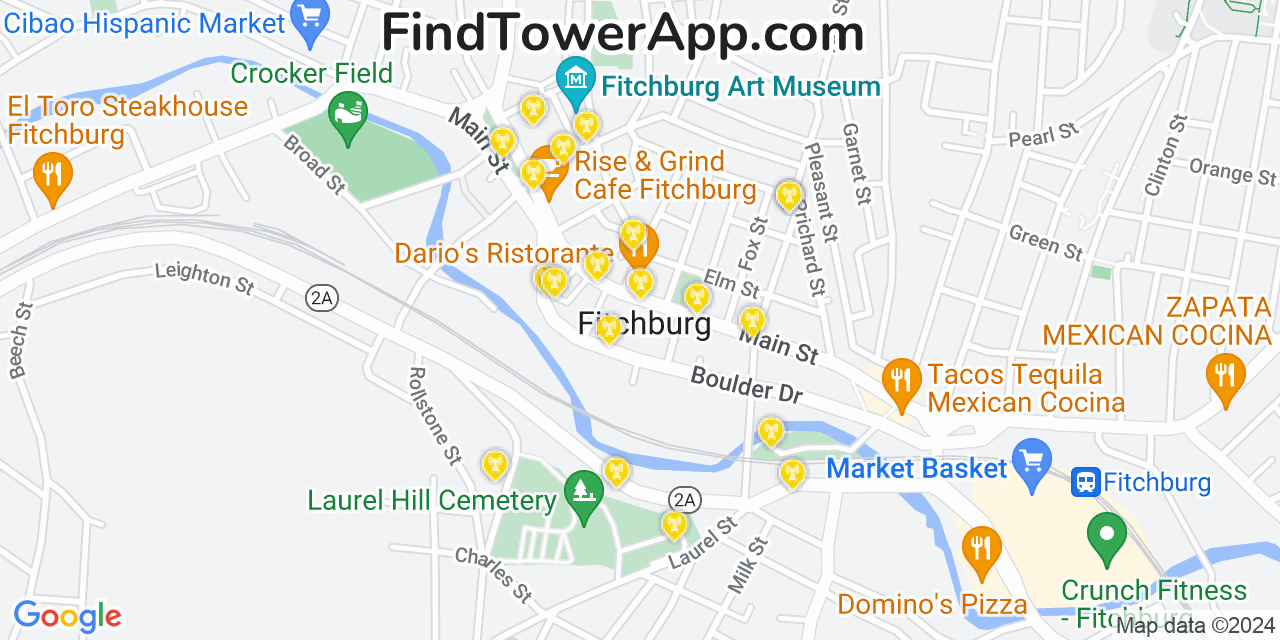 Verizon 4G/5G cell tower coverage map Fitchburg, Massachusetts