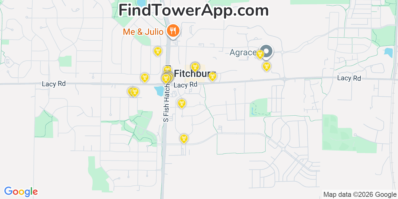 Map showing the 20 primary cell tower locations detected in Fitchburg, Wisconsin from AT&T, Verizon, and T-Mobile networks