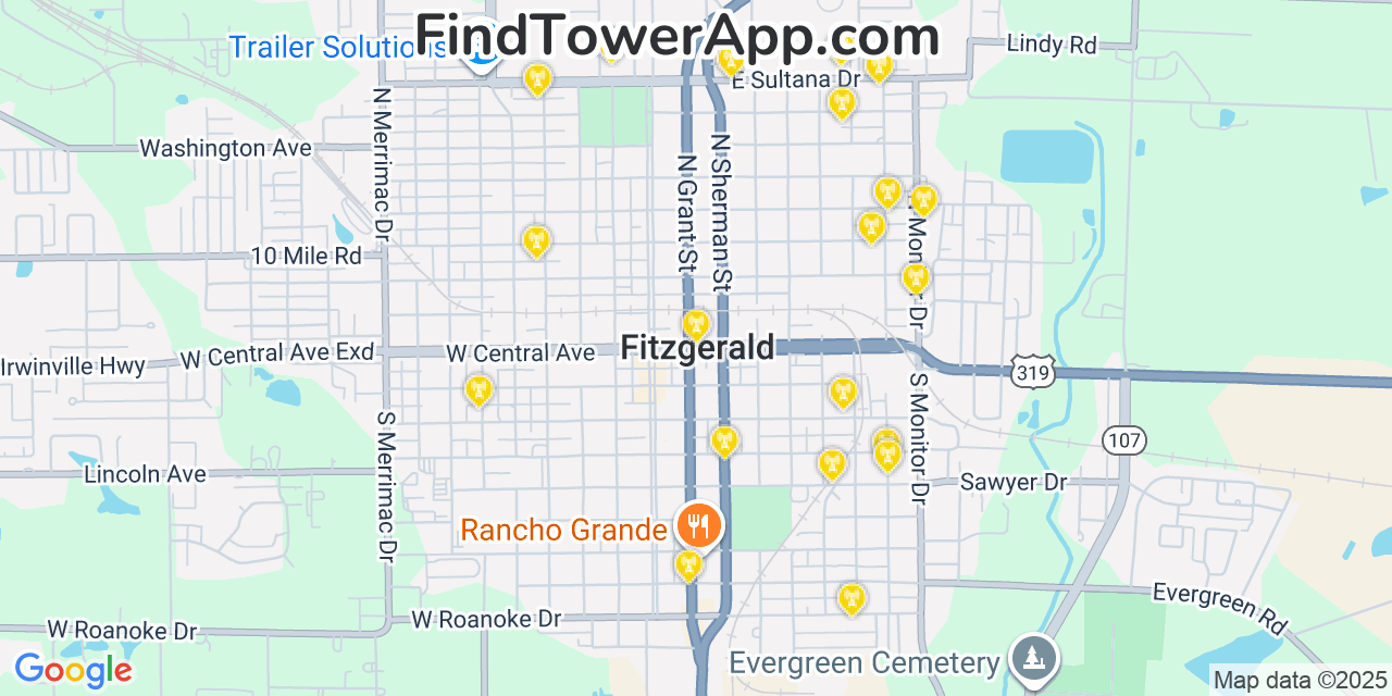 Map showing the 20 primary cell tower locations detected in Fitzgerald, Georgia from AT&T, Verizon, and T-Mobile networks
