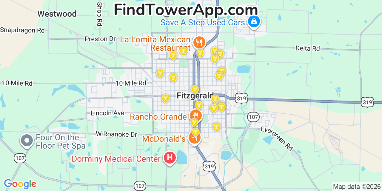 Map showing the 20 primary cell tower locations detected in Fitzgerald, Georgia from AT&T, Verizon, and T-Mobile networks