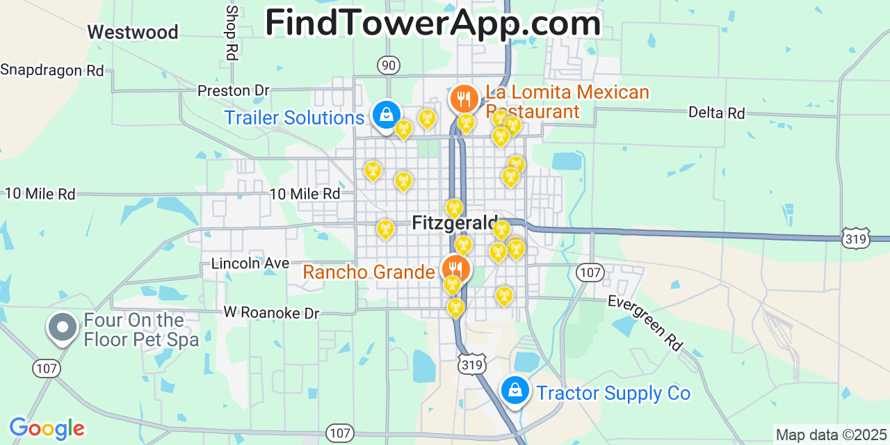 Map showing the 20 primary Mobitel cell tower locations detected in Fitzgerald, Georgia with coverage radius and signal strength indicators