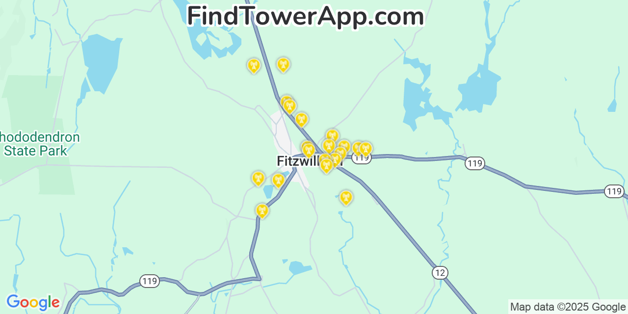 Map showing the 20 primary cell tower locations detected in Fitzwilliam, New Hampshire from AT&T, Verizon, and T-Mobile networks