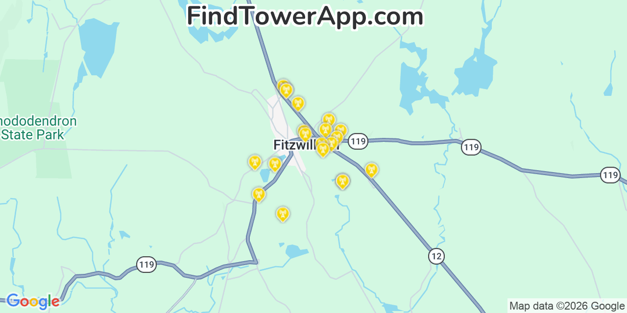 Map showing the 20 primary cell tower locations detected in Fitzwilliam, New Hampshire from AT&T, Verizon, and T-Mobile networks