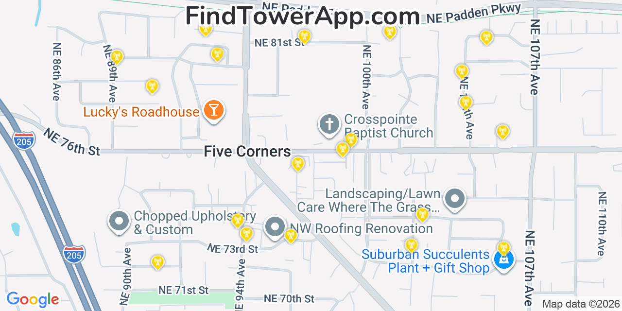 Map showing the 20 primary cell tower locations detected in Five Corners, Washington from AT&T, Verizon, and T-Mobile networks