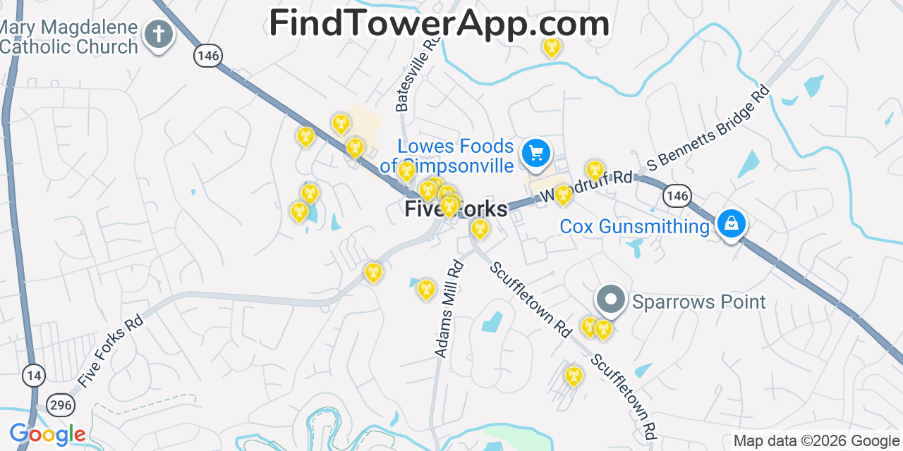 Map showing the 20 primary cell tower locations detected in Five Forks, South Carolina from AT&T, Verizon, and T-Mobile networks