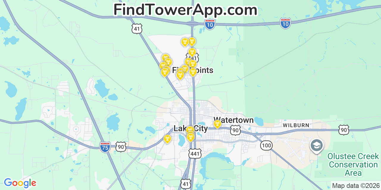 Map showing the 20 primary cell tower locations detected in Five Points, Florida from AT&T, Verizon, and T-Mobile networks