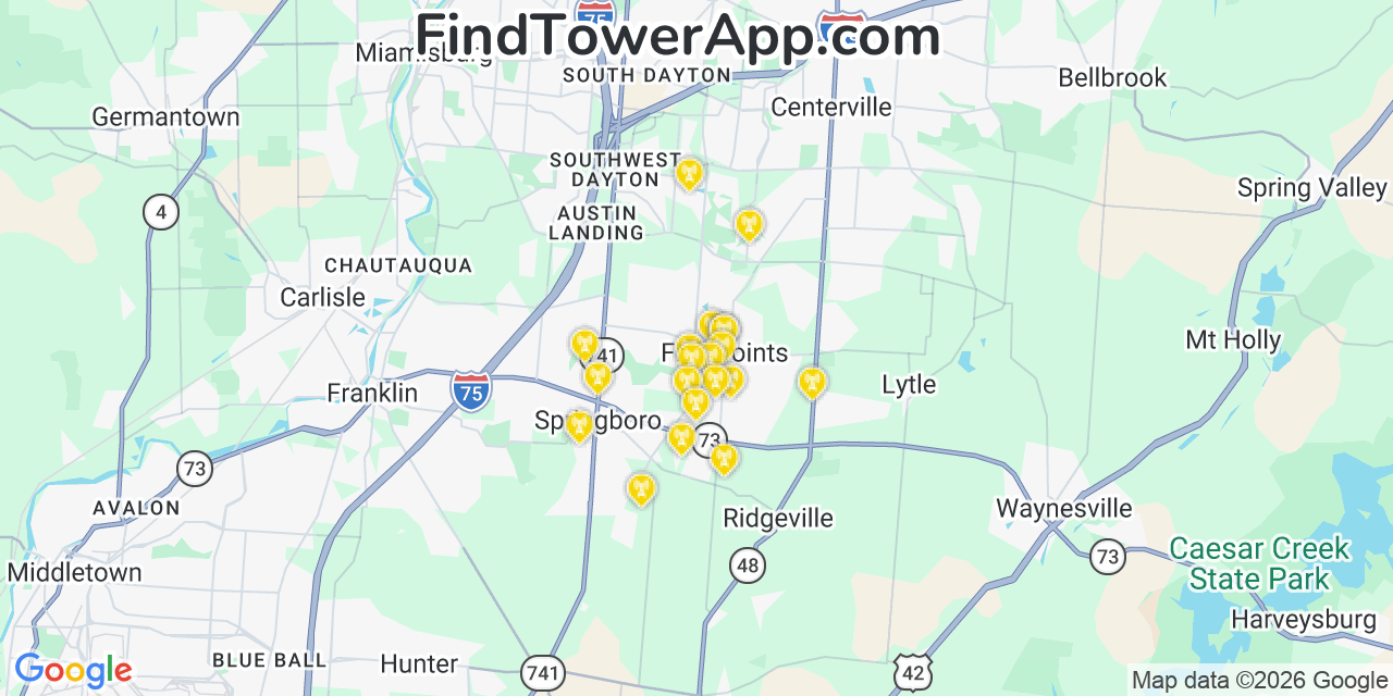 Map showing the 20 primary cell tower locations detected in Five Points, Ohio from AT&T, Verizon, and T-Mobile networks