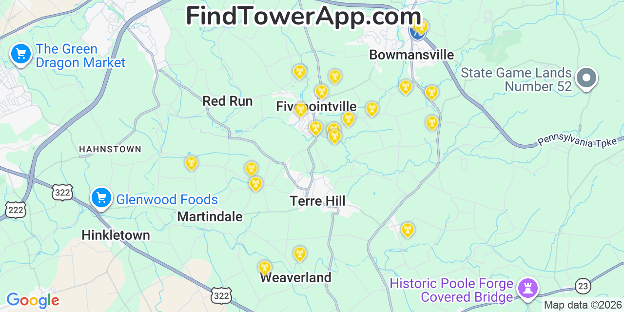 Map showing the 20 primary cell tower locations detected in Fivepointville, Pennsylvania from AT&T, Verizon, and T-Mobile networks