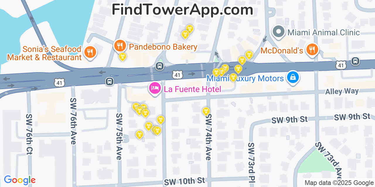 Map showing the 20 primary cell tower locations detected in Flagami, Florida from AT&T, Verizon, and T-Mobile networks