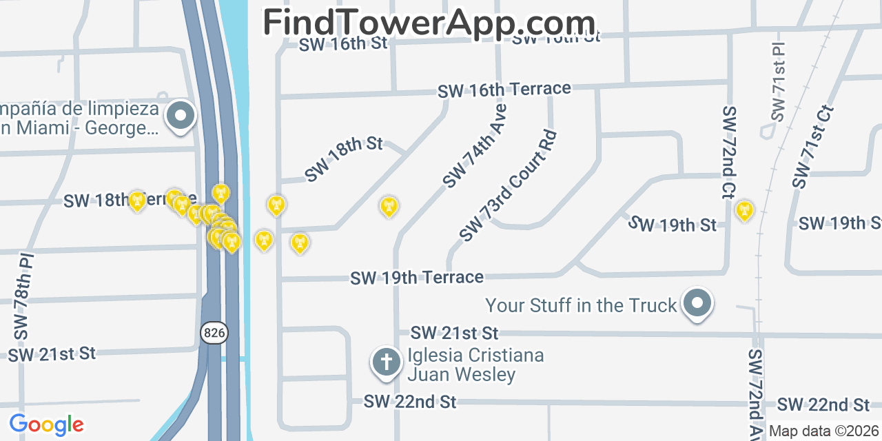 Map showing the 20 primary cell tower locations detected in Flagami, Florida from AT&T, Verizon, and T-Mobile networks