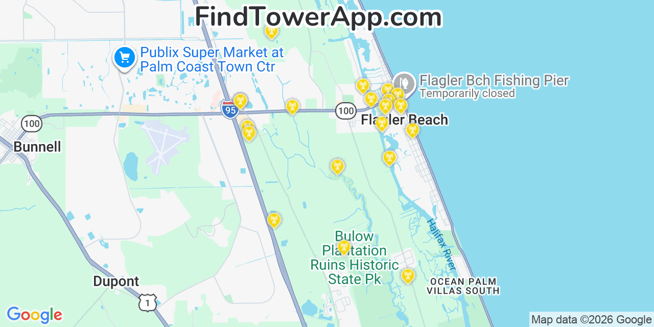Map showing the 20 primary cell tower locations detected in Flagler Beach, Florida from AT&T, Verizon, and T-Mobile networks