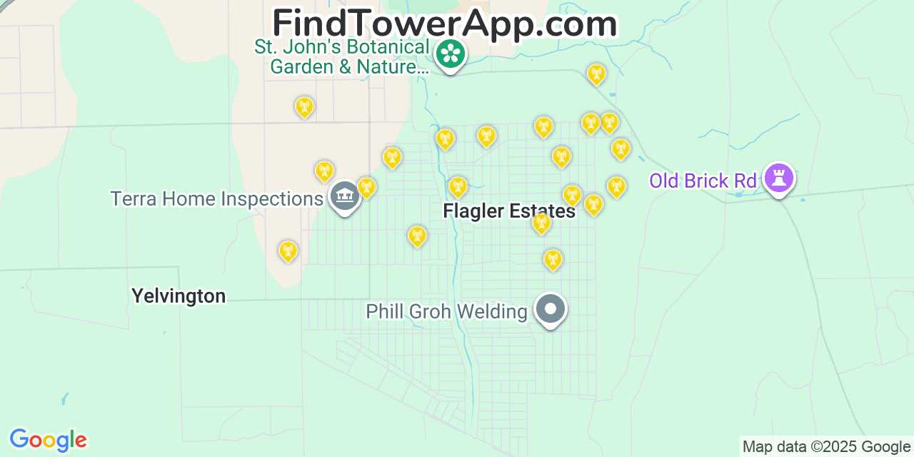 Map showing the 20 primary cell tower locations detected in Flagler Estates, Florida from AT&T, Verizon, and T-Mobile networks