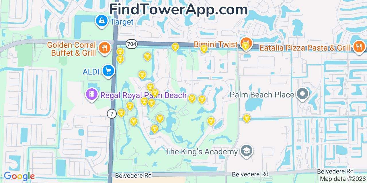 Map showing the 20 primary cell tower locations detected in Flagler Estates, Florida from AT&T, Verizon, and T-Mobile networks