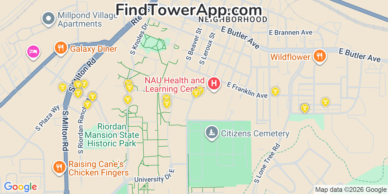 Map showing the 20 primary cell tower locations detected in Flagstaff, Arizona from AT&T, Verizon, and T-Mobile networks