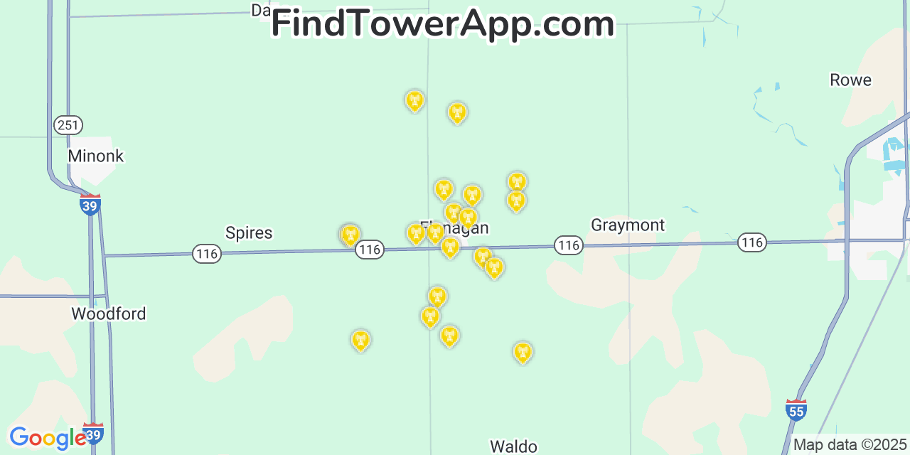 Map showing the 20 primary cell tower locations detected in Flanagan, Illinois from AT&T, Verizon, and T-Mobile networks