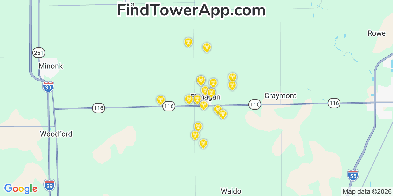 Map showing the 20 primary cell tower locations detected in Flanagan, Illinois from AT&T, Verizon, and T-Mobile networks