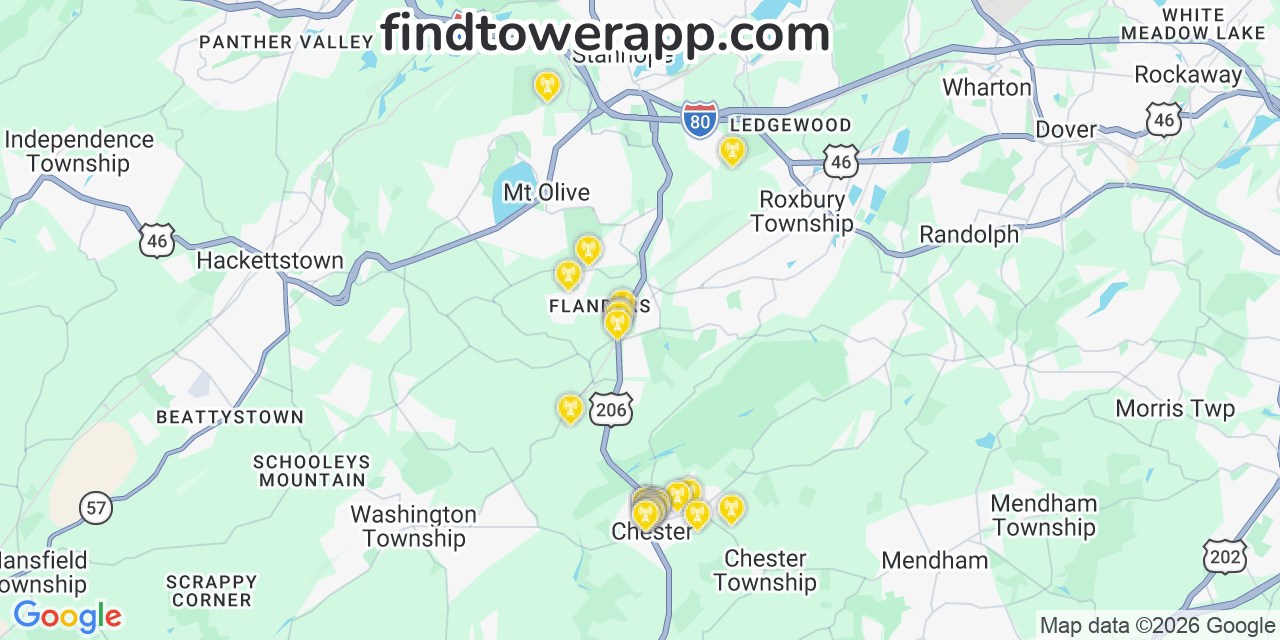 Map showing the 27 primary AT&T cell tower locations detected in Flanders, New Jersey with coverage radius and signal strength indicators