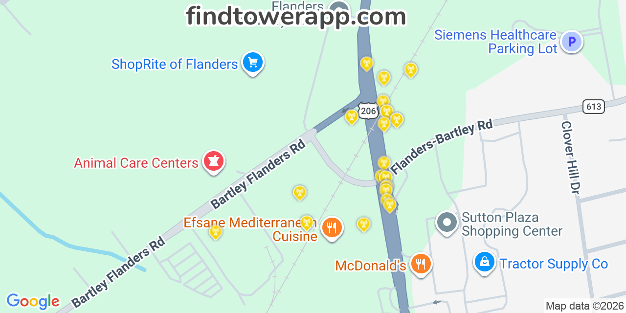Map showing the 20 primary cell tower locations detected in Flanders, New Jersey from AT&T, Verizon, and T-Mobile networks