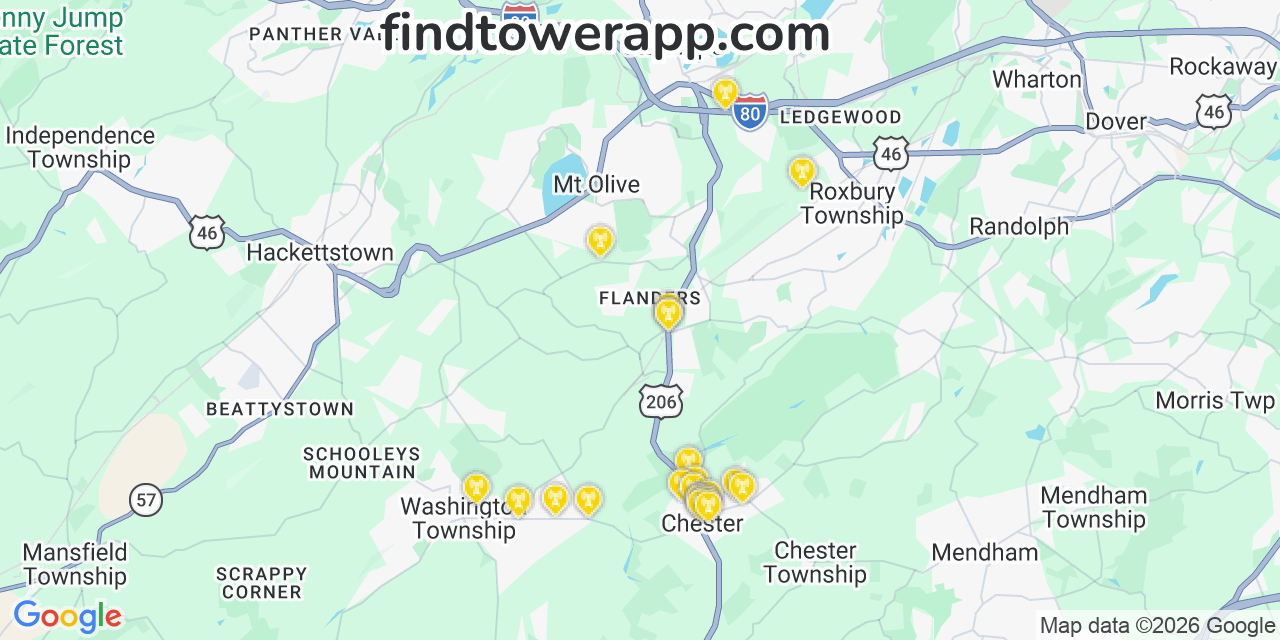 Map showing the 23 primary Verizon cell tower locations detected in Flanders, New Jersey with coverage radius and signal strength indicators