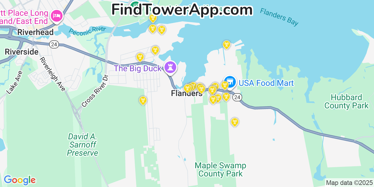 Map showing the 20 primary cell tower locations detected in Flanders, New York from AT&T, Verizon, and T-Mobile networks