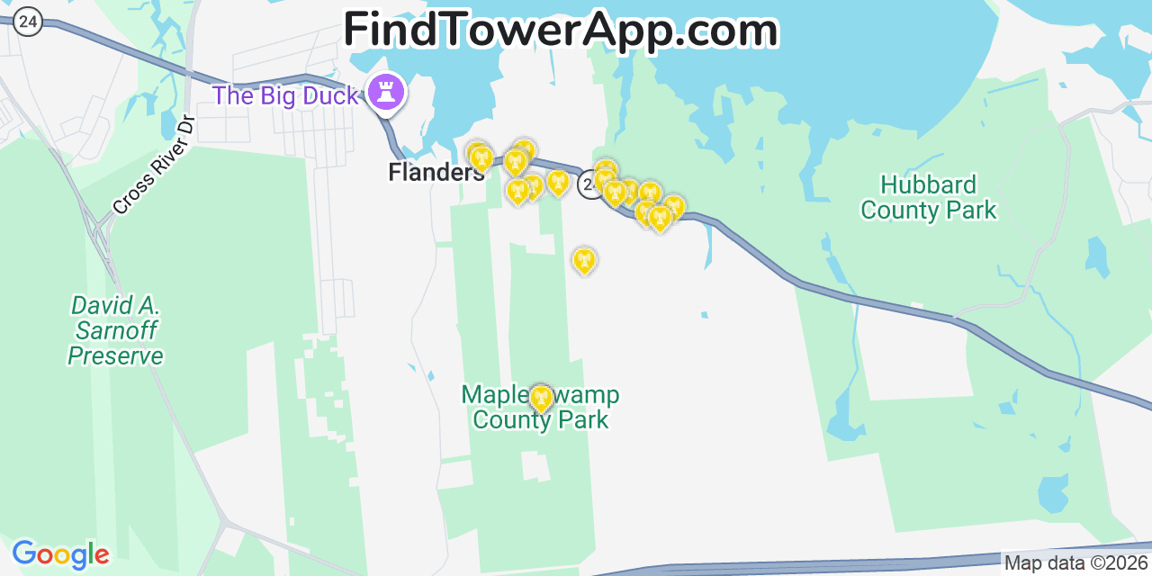 Map showing the 20 primary cell tower locations detected in Flanders, New York from AT&T, Verizon, and T-Mobile networks