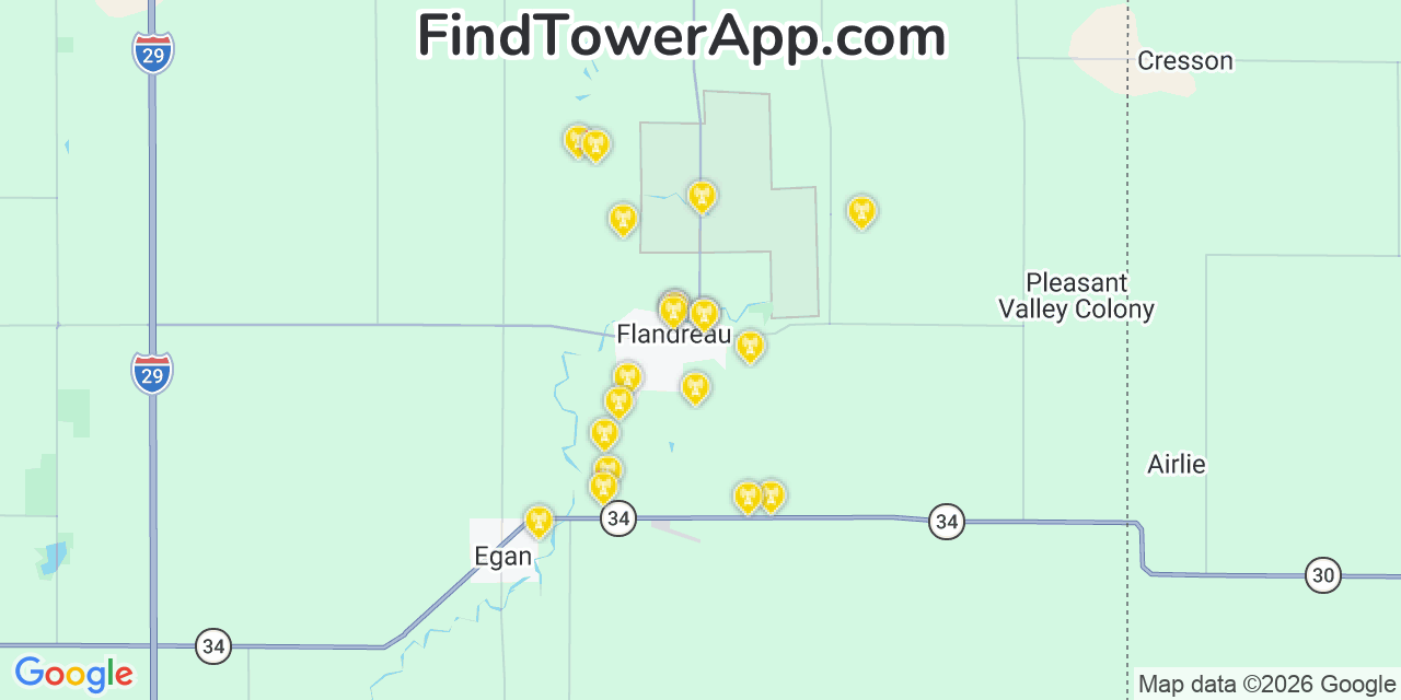 Map showing the 20 primary cell tower locations detected in Flandreau, South Dakota from AT&T, Verizon, and T-Mobile networks