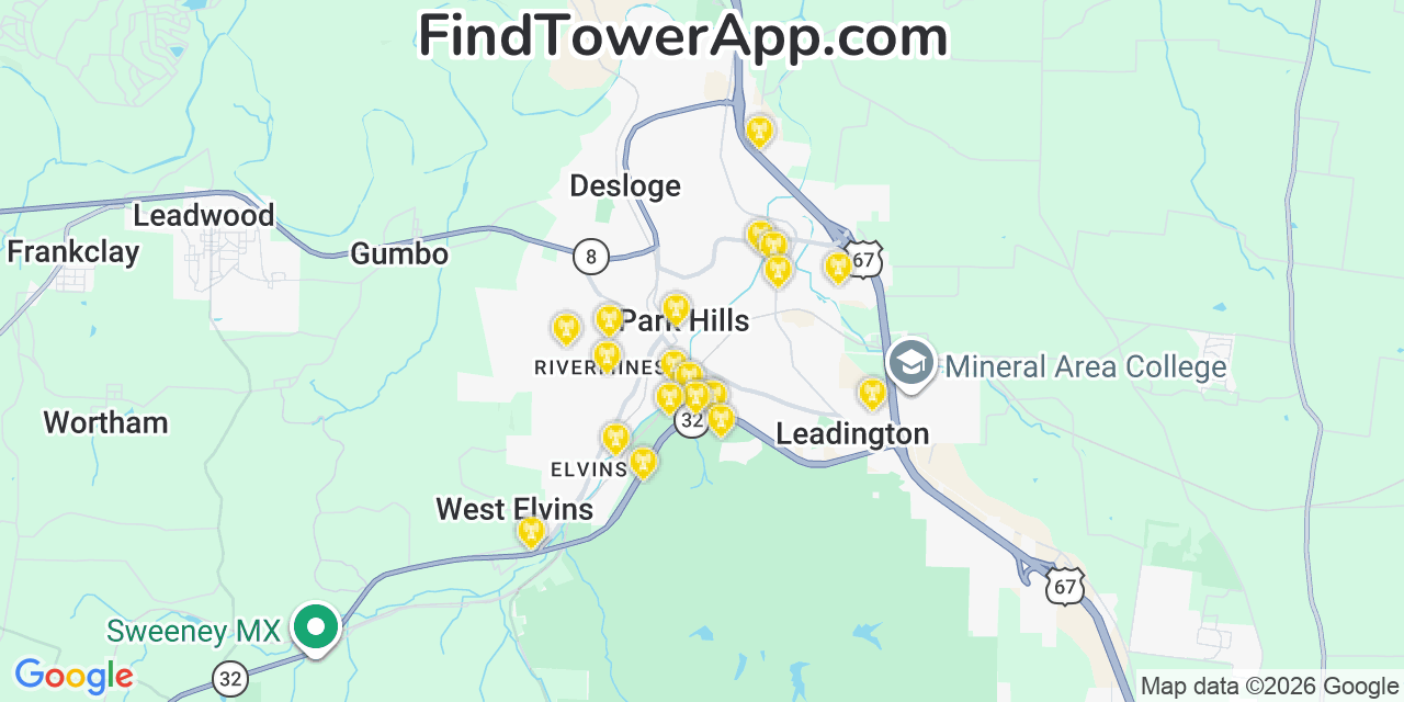 Map showing the 20 primary cell tower locations detected in Flat River, Missouri from AT&T, Verizon, and T-Mobile networks
