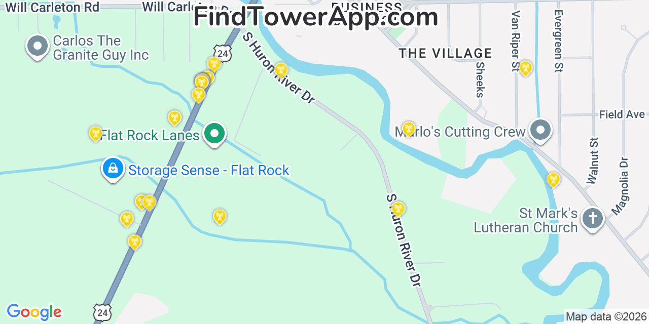 Map showing the 20 primary cell tower locations detected in Flat Rock, Michigan from AT&T, Verizon, and T-Mobile networks