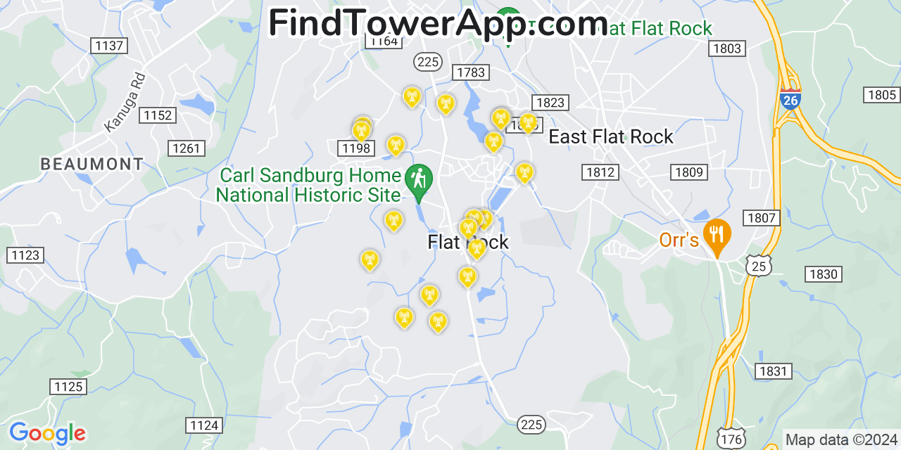 AT&T 4G/5G cell tower coverage map Flat Rock, North Carolina