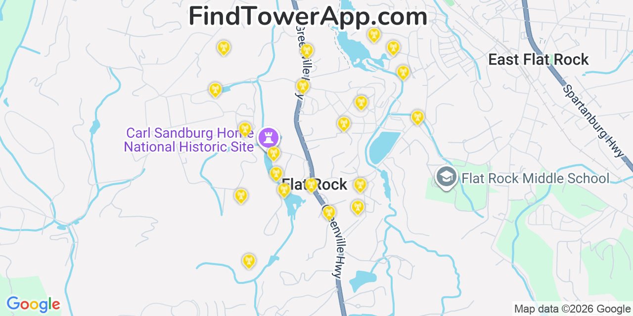 Map showing the 20 primary cell tower locations detected in Flat Rock, North Carolina from AT&T, Verizon, and T-Mobile networks