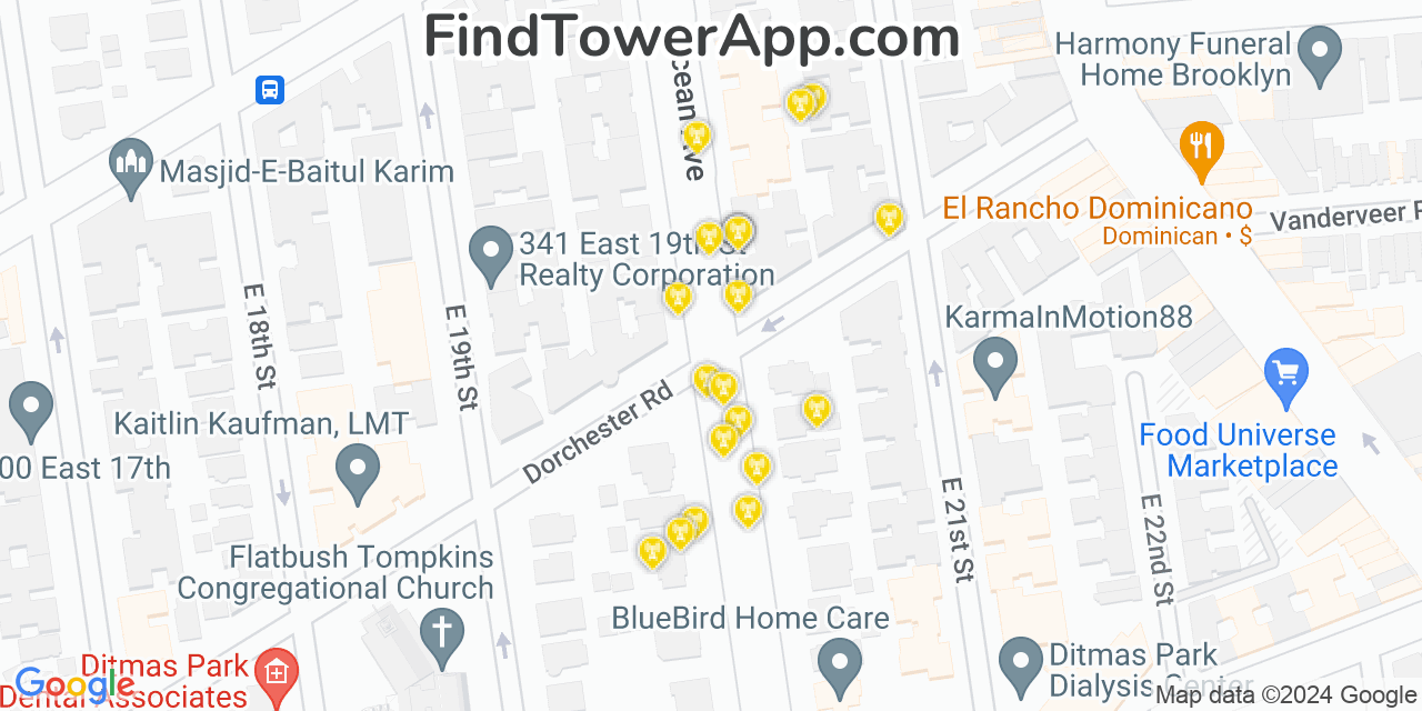 AT&T 4G/5G cell tower coverage map Flatbush, New York