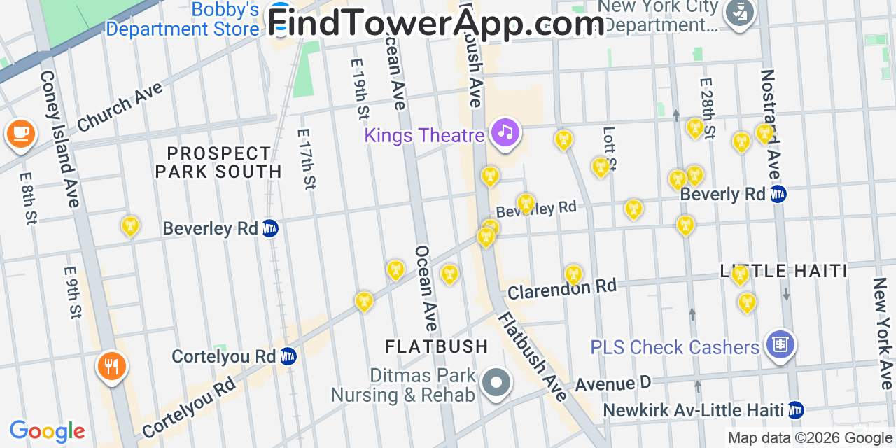 Map showing the 20 primary cell tower locations detected in Flatbush, New York from AT&T, Verizon, and T-Mobile networks
