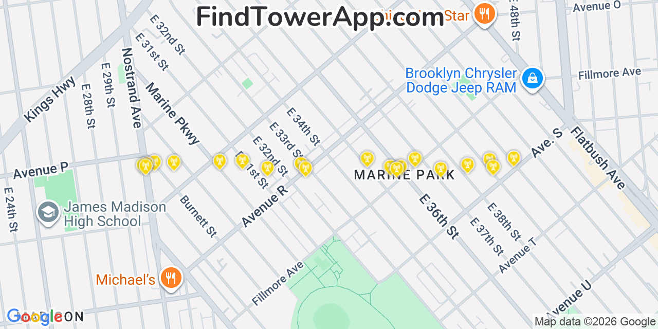 Map showing the 20 primary cell tower locations detected in Flatlands, New York from AT&T, Verizon, and T-Mobile networks