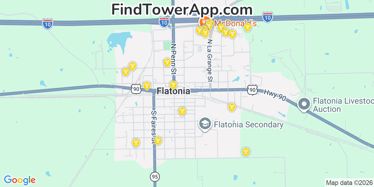 Map showing the 20 primary cell tower locations detected in Flatonia, Texas from AT&T, Verizon, and T-Mobile networks