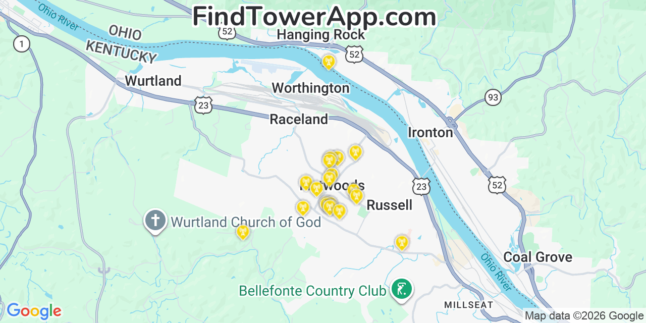 Map showing the 20 primary cell tower locations detected in Flatwoods, Kentucky from AT&T, Verizon, and T-Mobile networks