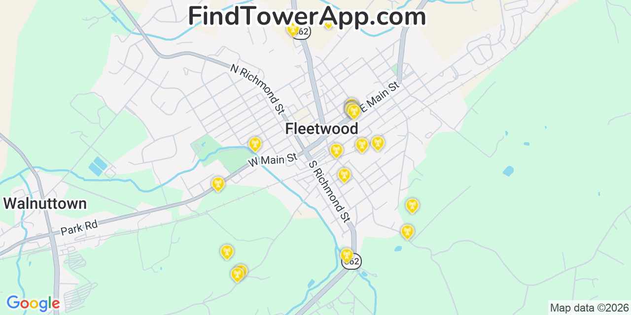 Map showing the 20 primary cell tower locations detected in Fleetwood, Pennsylvania from AT&T, Verizon, and T-Mobile networks