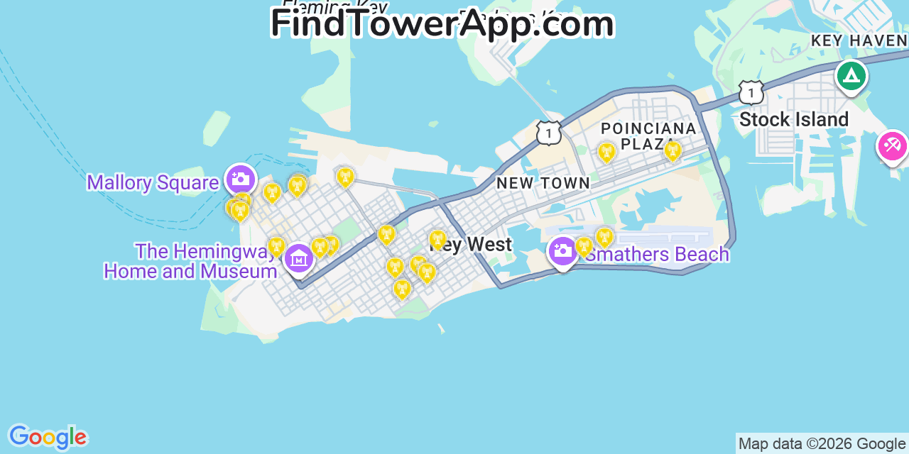 Map showing the 20 primary cell tower locations detected in Fleming Island, Florida from AT&T, Verizon, and T-Mobile networks